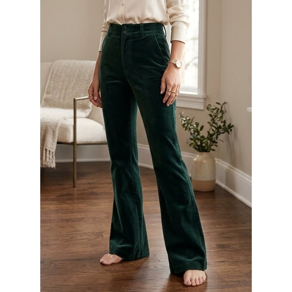 Maison d' Amélie Dark Green Velvet Flared Boho Holiday Pants Women's Size 8